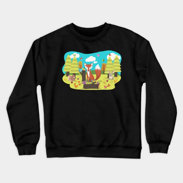 Forrest Frolic With Fox Bunny Squirrel and Birds Crewneck Sweatshirt by LittleBunnySunshine